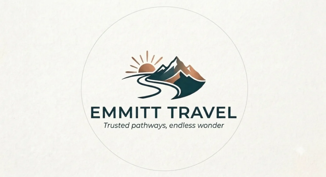 Emmitt Travel mountain and winding road logo with the tagline Trusted pathways, endless wonder
